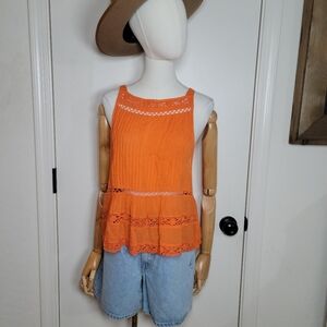 Free People Constant Crush Eyelet Button-Back Tank Top Firecracker Orange Size S